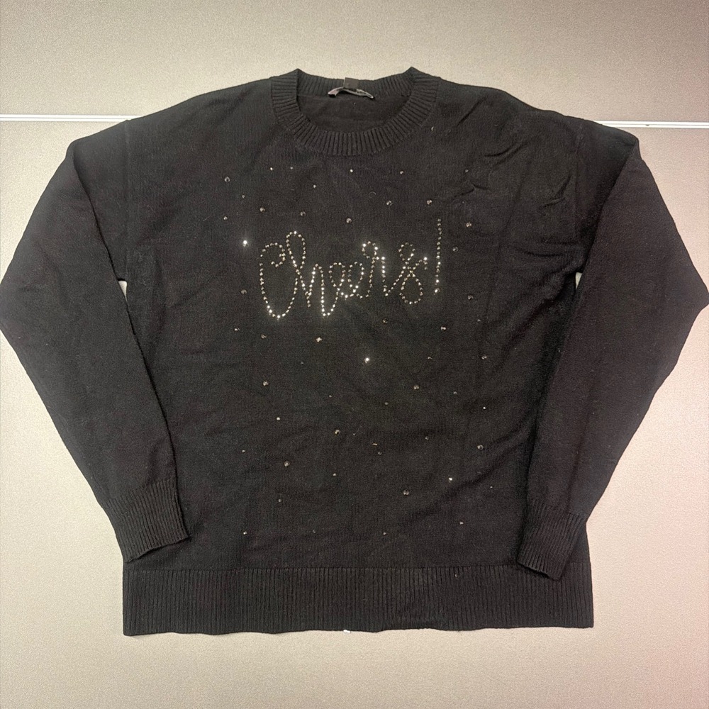 Calligraphie Black Rhinestone Cheers Graphic Sweater Womens S Holiday Sparkle